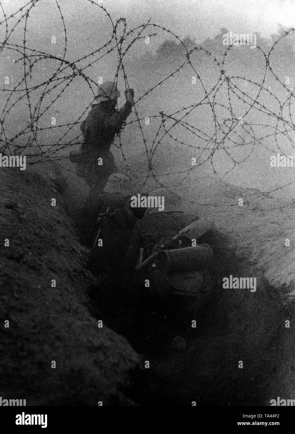 German soldiers in a ditch. One of them throws a hand grenade at the opposing positions at the moment of the shot. The soldiers have shovels and gas mask boxes on their backs. (Presumably, this Photo of the Propaganda Company (PK) was taken of a drill ground.) Stock Photo