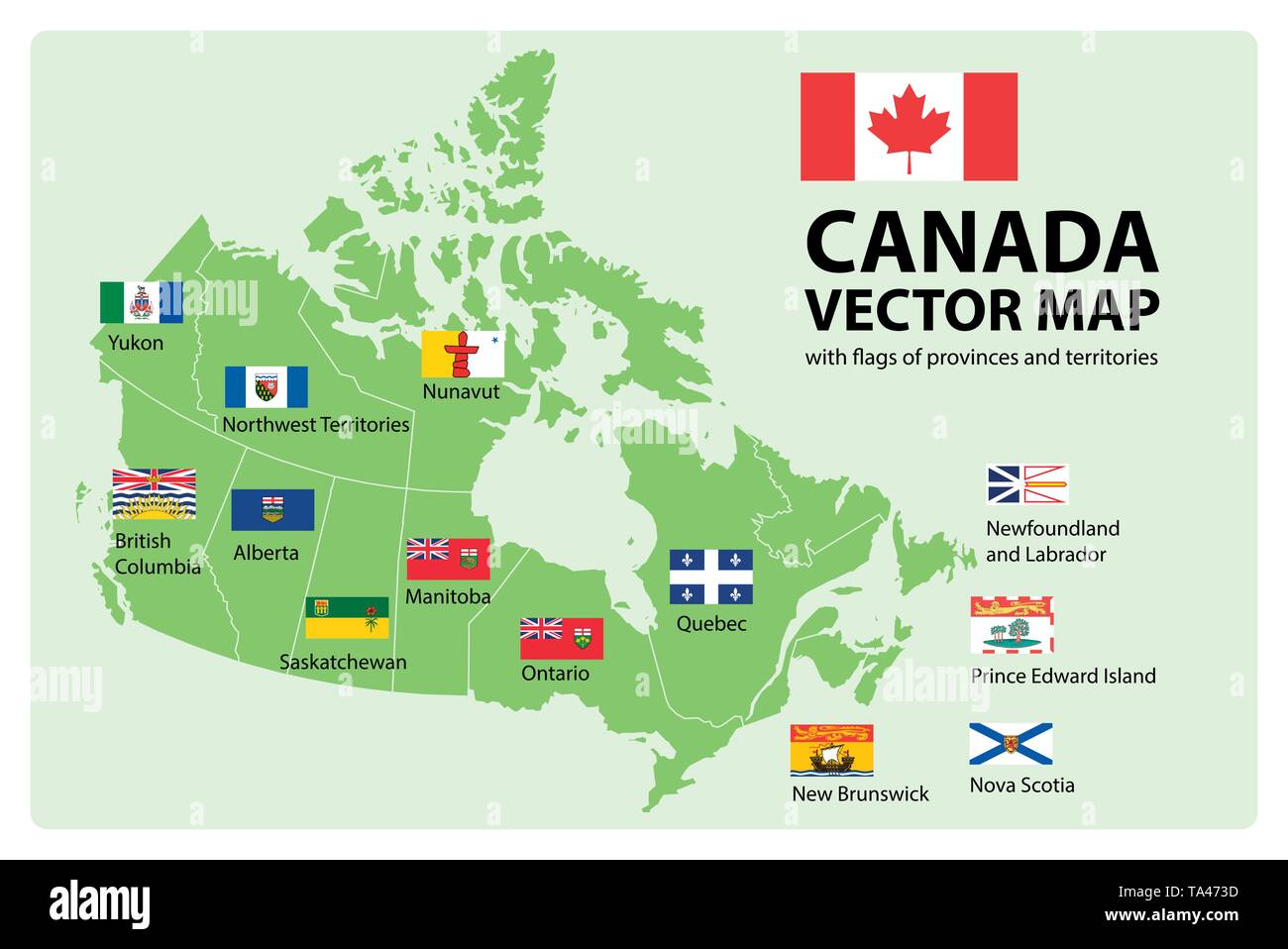 Vector set. Map of Canada with provinces and territories borders and vector flags. Stock Vector