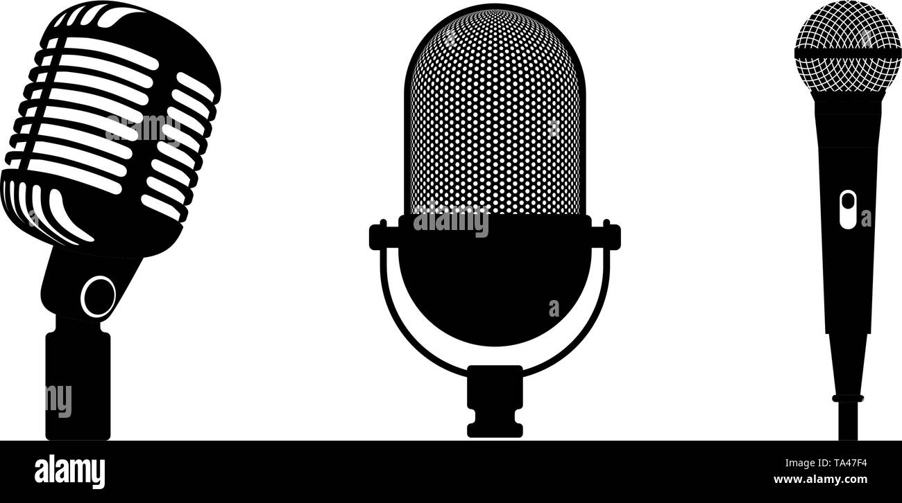 Three microphones retro and classic. White background. Silhouette microphone. Music icon, mic. Flat design, vector illustration EPS10 Stock Vector