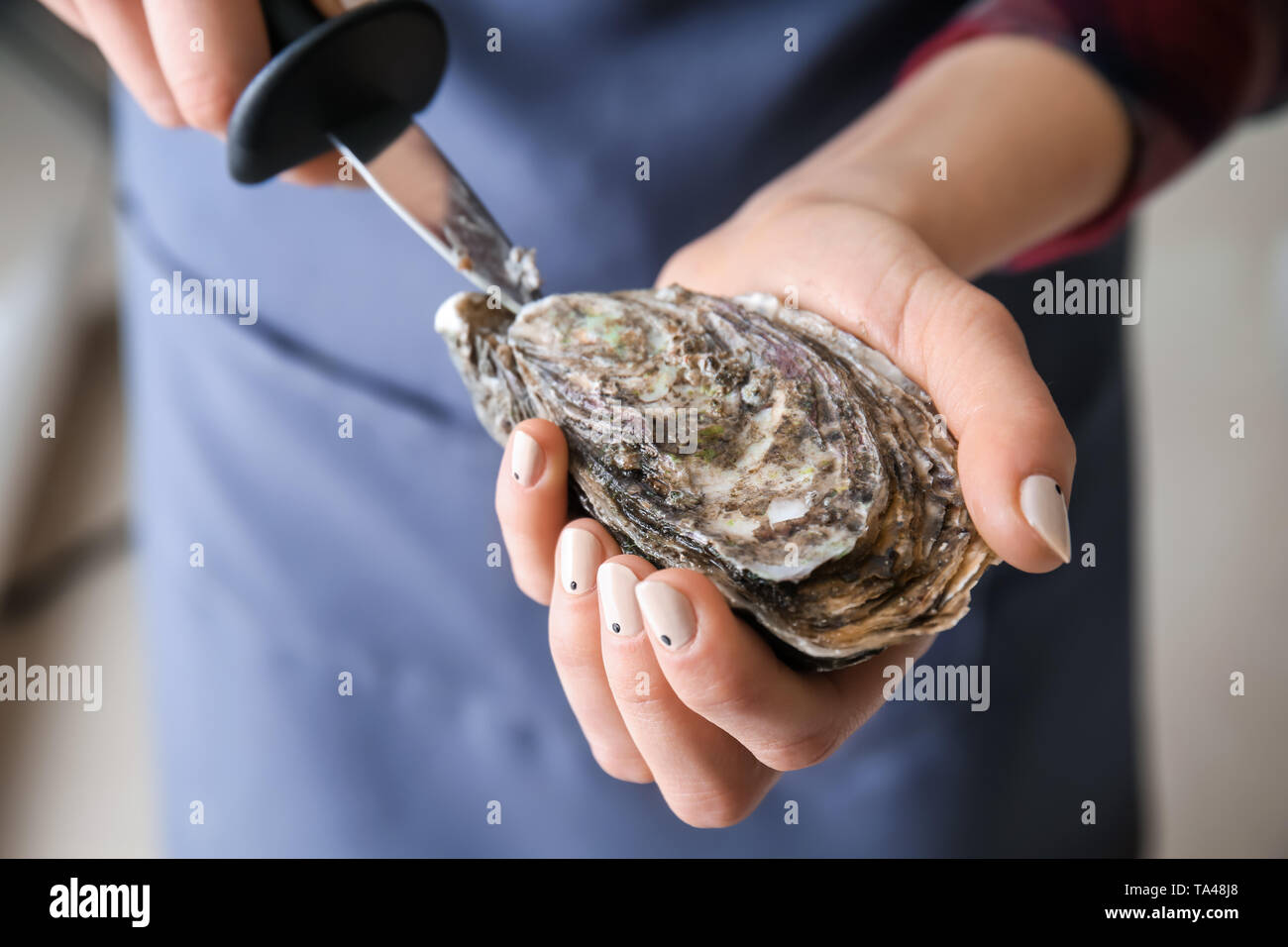 Woman opening raw oyster with knife, closeup Stock Photo Alamy