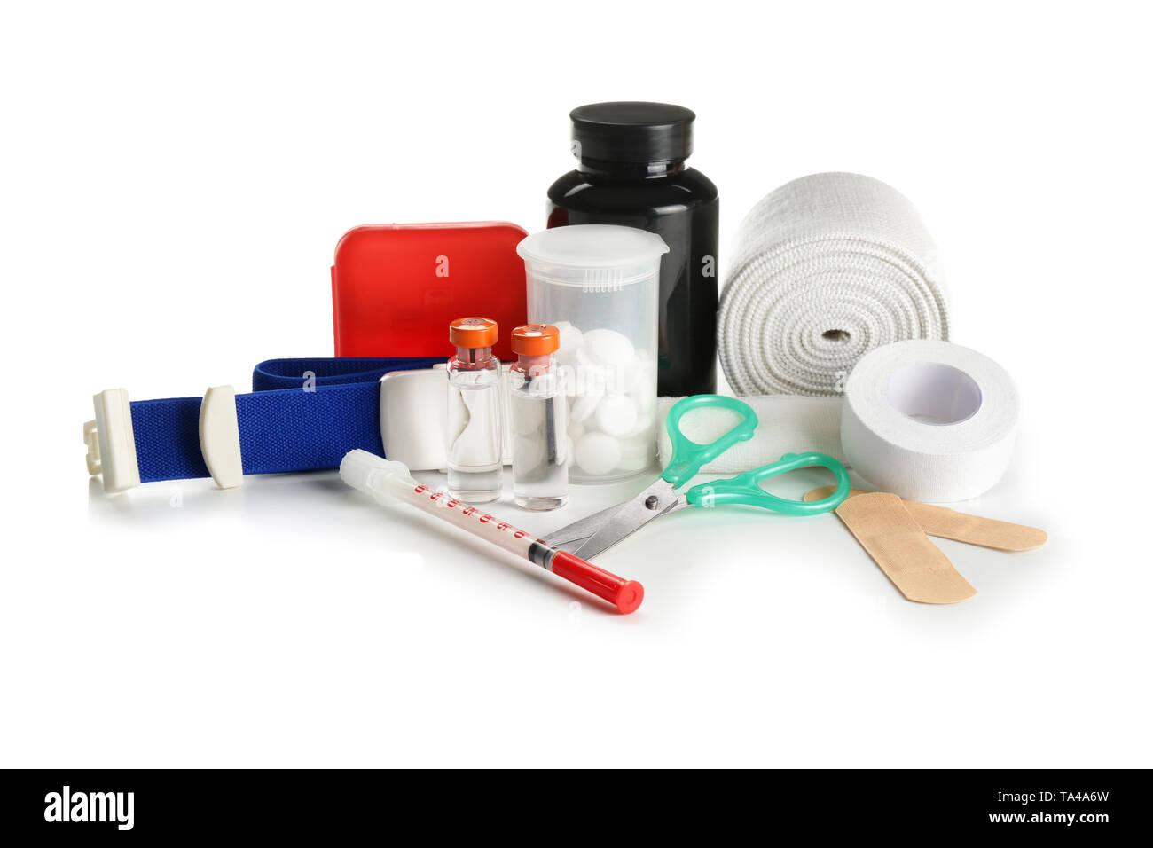 Items from first aid kit on white background Stock Photo - Alamy
