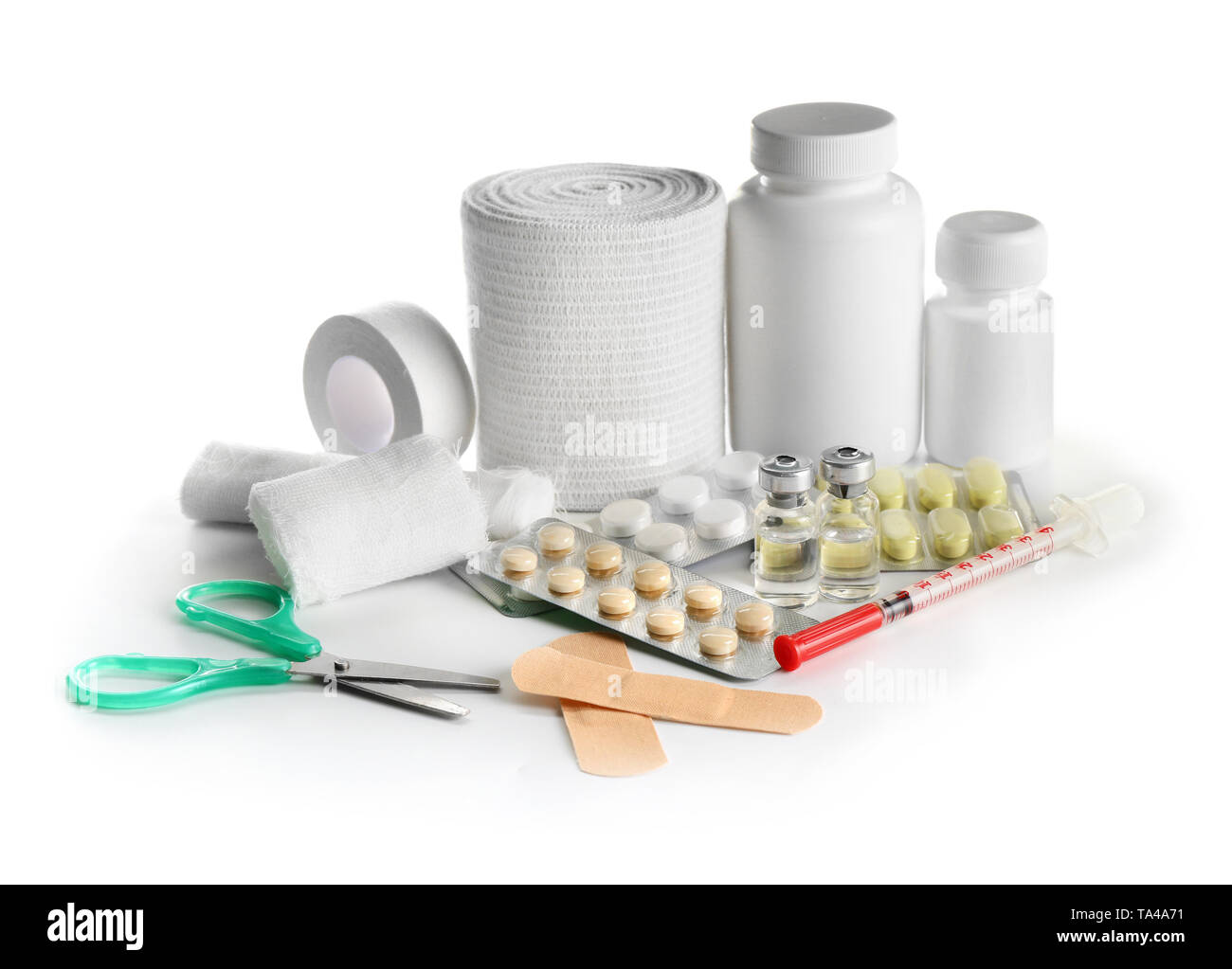 Items from first aid kit on white background Stock Photo - Alamy