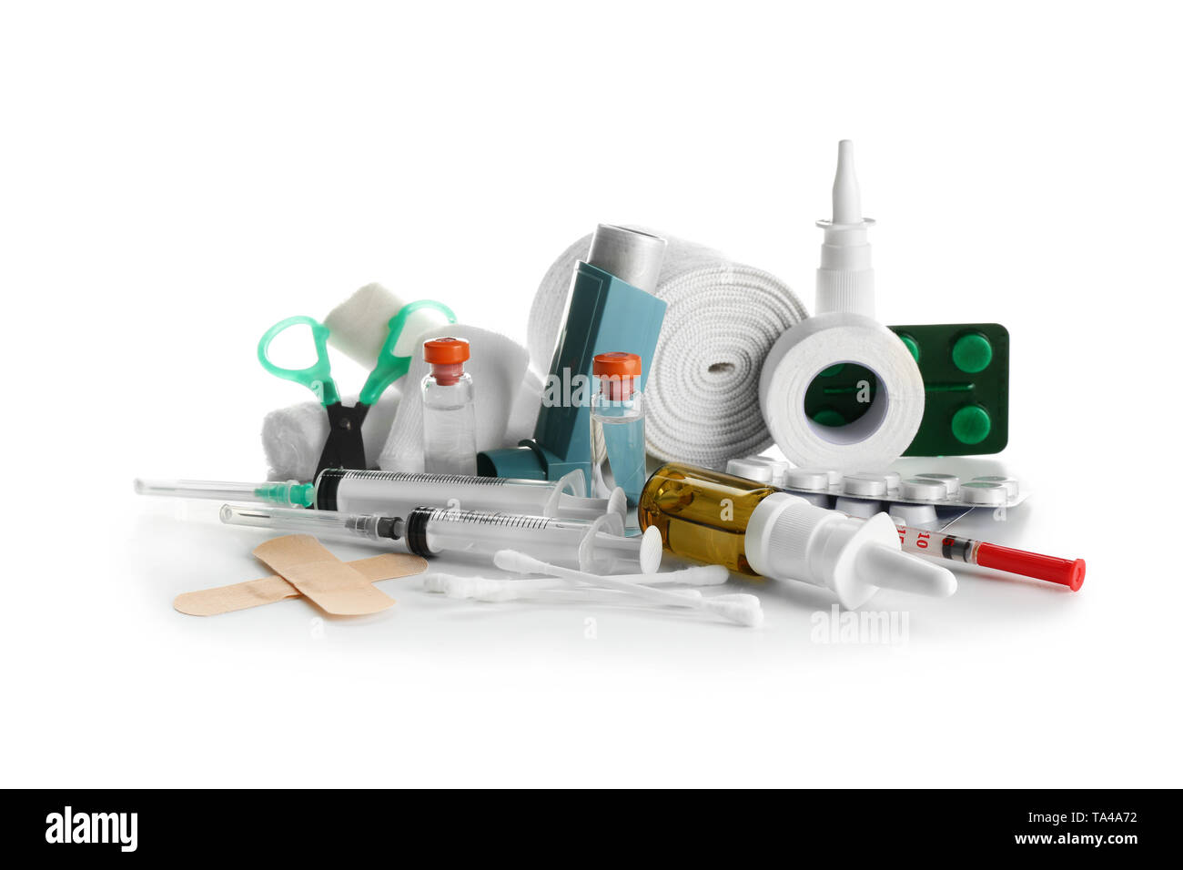 Items from first aid kit on white background Stock Photo - Alamy