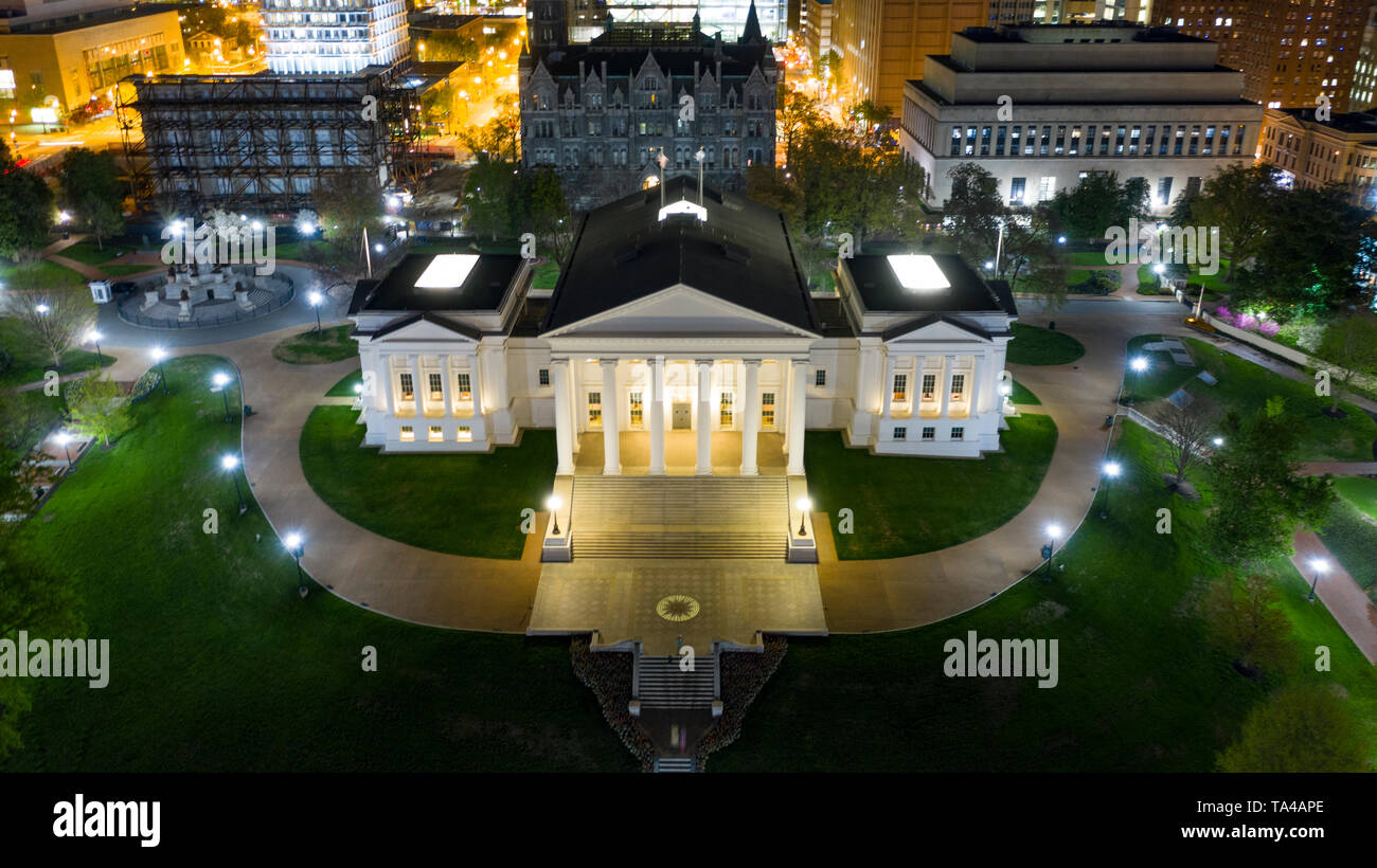 Aerrial view night time at the capital building grounds in Richmond Virginia Stock Photo