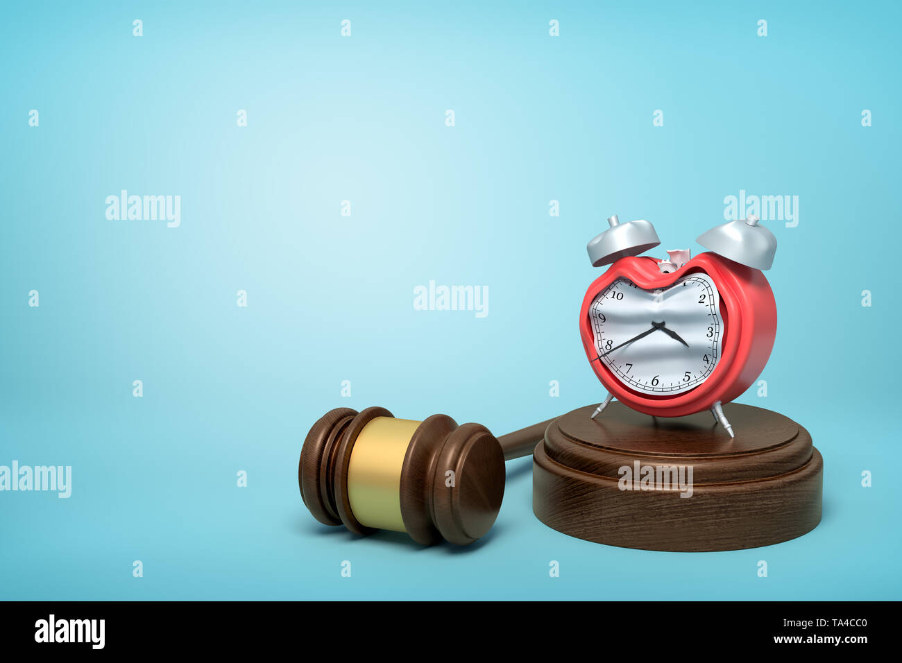 3d rendering of smashed broken alarn clock on round wooden block and brown wooden gavel on blue background Stock Photo