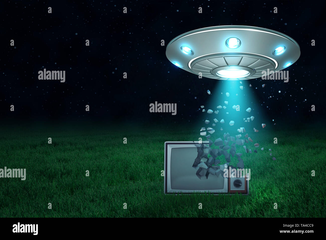 3d rendering of UFO in air at night with light coming out of its open hatch onto old TV set starting to dissolve into particles on green lawn. Stock Photo