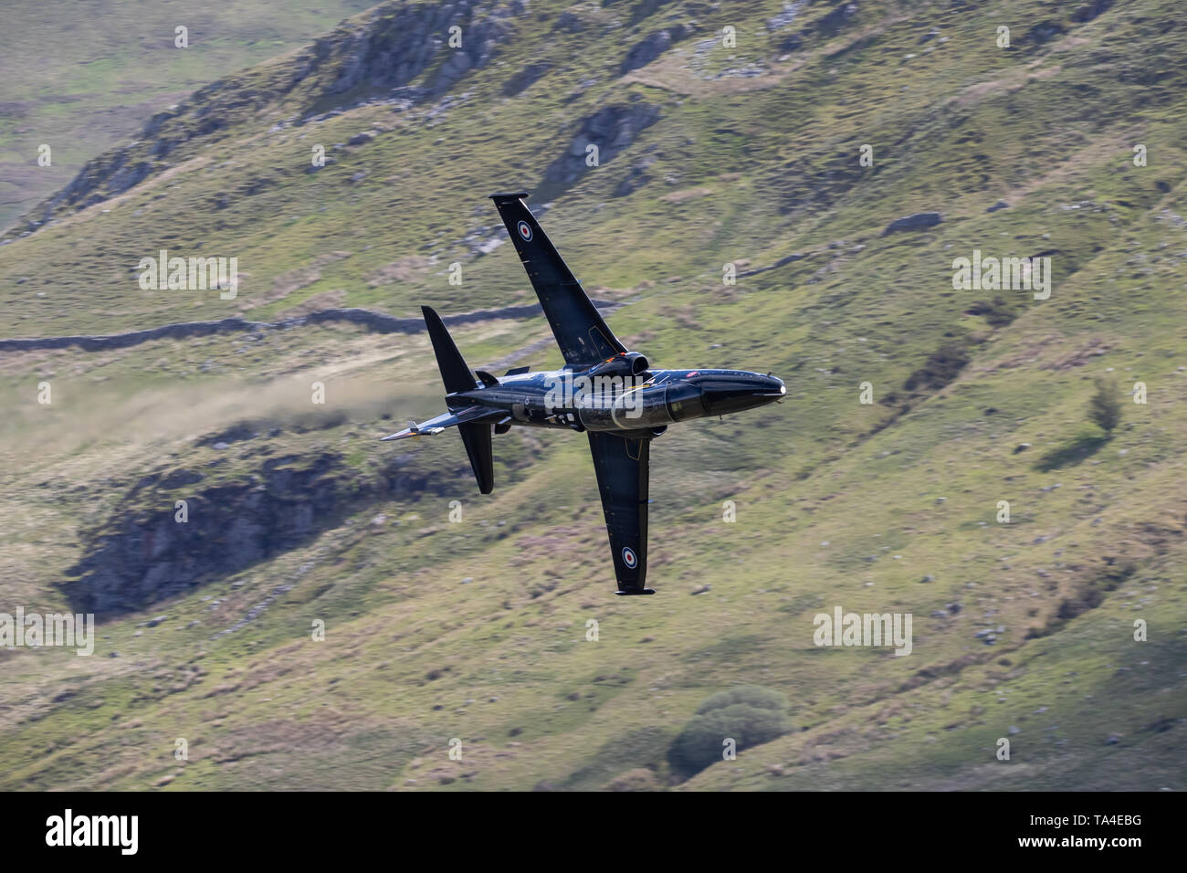 An RAF Hawk practices low level fling through LFA7, Mach Loop, near Dolgellau, Wales UK. Stock Photo