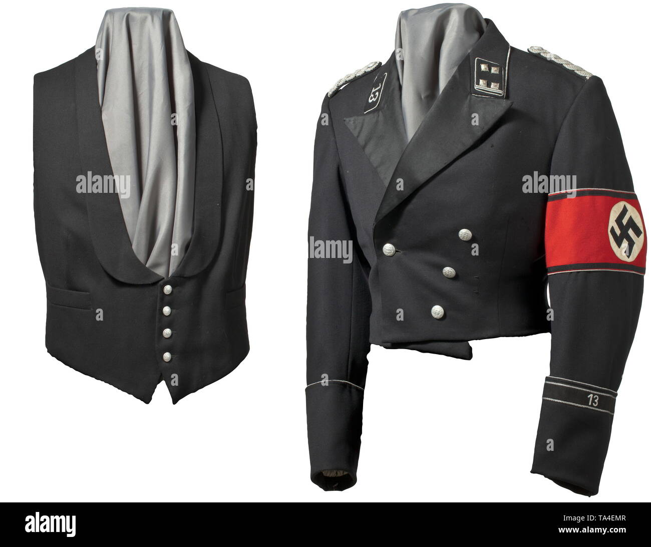 A jacket of a dress uniform of an Obersturmbannführer in the 13th SS-Fußstandarte in Stuttgart made to measure, complete with waistcoat of the small dress uniform Fine black gabardine, pointed lapel with matt-shining trimming, black silk liner. Aluminium buttons with raised runes in oak leaf wreath, on reverse side punchmarked 'SS RZM M5/65'. Collar, cuffs and armband with continuous silver collar cord. Black collar patches with silver-embroidered runes, metal rank stars and silver fringe cord. Sewn-on shoulder patches on both sides with silver interwoven cords. RZM cuff ti, Editorial-Use-Only Stock Photo