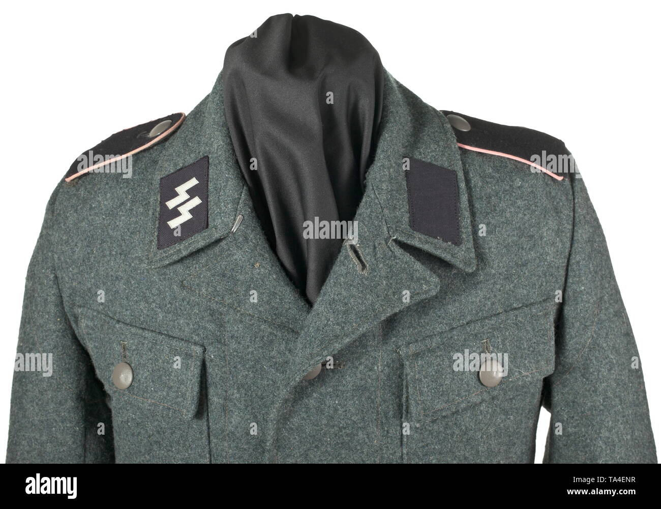 A field tunic M 43 for members of the SS anti-tank units depot piece SS cut with five button holes and two belt holes, made of Italian captured fabrics, i.e. the typical, dark-green woollen cloth and the lining. With loops for the belt hooks made of silver-grey herringbone-patterned fabric. German metal buttons. SS clothing factory stamp with two-digit manufacturer's number and size indication. Black collar patches in BeVo weave, the right one with runes. Black slip-on shoulder boards with pink piping. Mint condition, without sleeve eagle. historic, historical, 20th century, Editorial-Use-Only Stock Photo