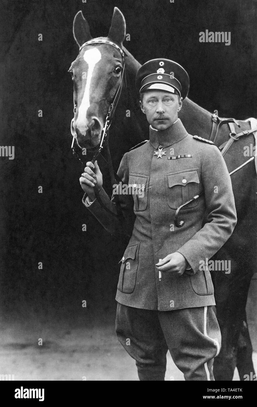 Crown Prince Wilhelm in field uniform with skull badge keeps his horse on the reins. Stock Photo