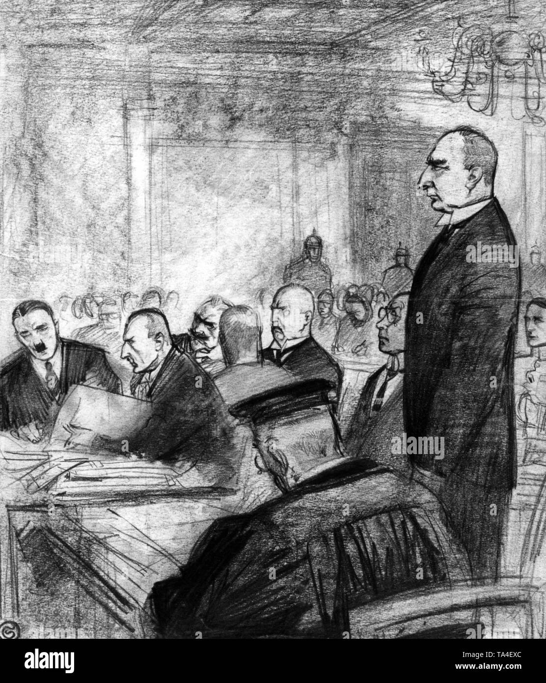 Drawing depicting a hearing of Hermann Kriebel during the Hitler trial. From left to right: Adolf Hitler, one of his defenders, behind them General Erich Ludendorff, the former Munich Police Chief Ernst Poehner (with glasses), Hermann Kriebel (standing). Stock Photo