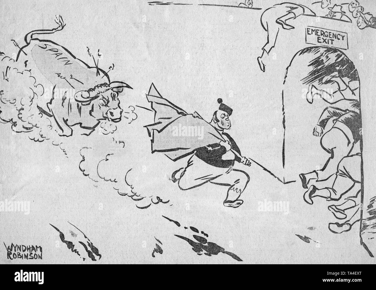 Undated print of a caricature of the Spanish Civil War and the offensives of the Spanish national troops by the British cartoonist Wyndham Robinson (born 1883) under the title 'The Red Flag and the Bull', 1936. The caricature depicts a wild Spanish bull that is chasing out a torero with a red cloth (Republic, Communists) from the arena through an emergency exit. Robinson worked for the 'Morning Post' in London, and was known for his anticommunist drawings in the 1930s. Stock Photo