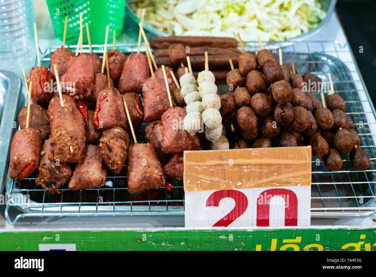 Fried vegan sausage on the Vegetarian Festival on Phuket Island in Thailand, Asia Stock Photo