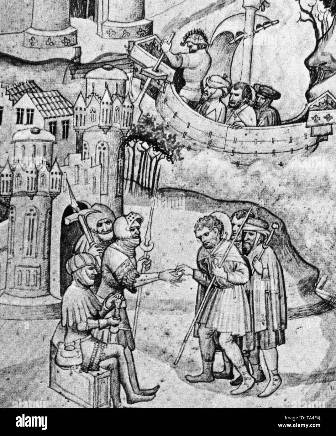 Illustration from a medieval manuscript: Pilgrims paying toll in Jaffa on their way to Jerusalem. Stock Photo