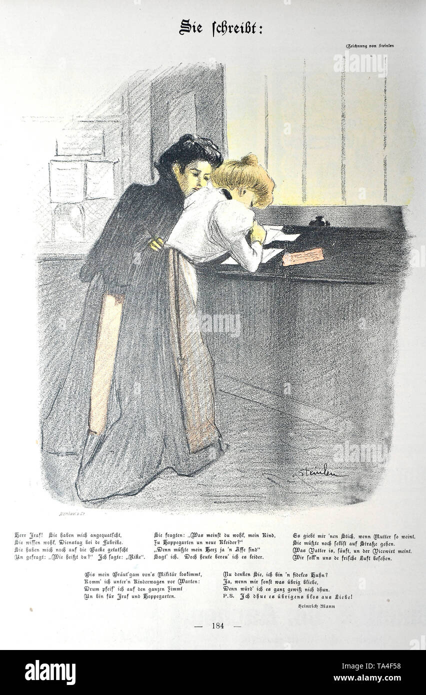 The drawing 'Sie schreibt:' ('She writes:') by Steinlen, Theophile Alexandre. Caricature from the satirical magazine 'Simplicissimus', volume 4, issue number 23 (1899). Under the picture: a poem by Heinrich Mann. Stock Photo