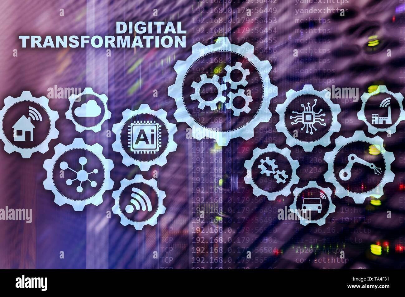 Digital Transformation Concept of digitalization of technology business processes. Datacenter background Stock Photo