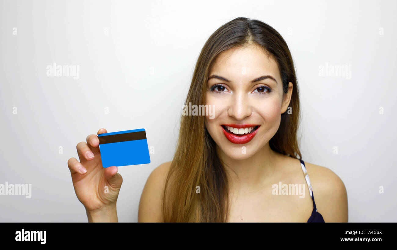 People, sale and consumerism concept. Close up of happy woman with credit card. Stock Photo