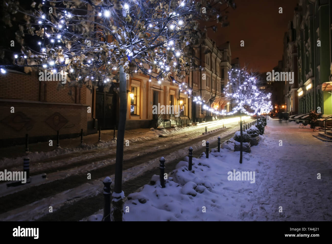 Beautifully Decorated For Christmas Celebration Street In City At Night Stock Photo Alamy