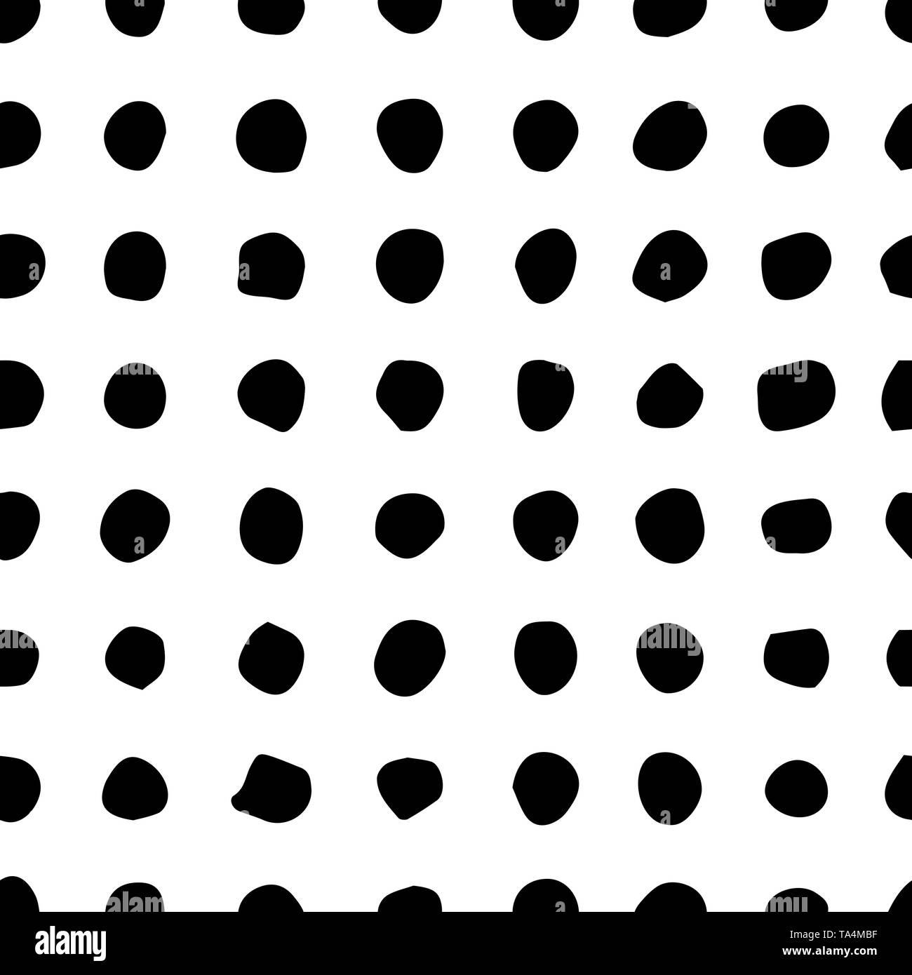 Vector seamless hand draw polka dot brush black and white pattern. Monochrome Scandinavian backgrounds of simple primitive with dots Stock Vector
