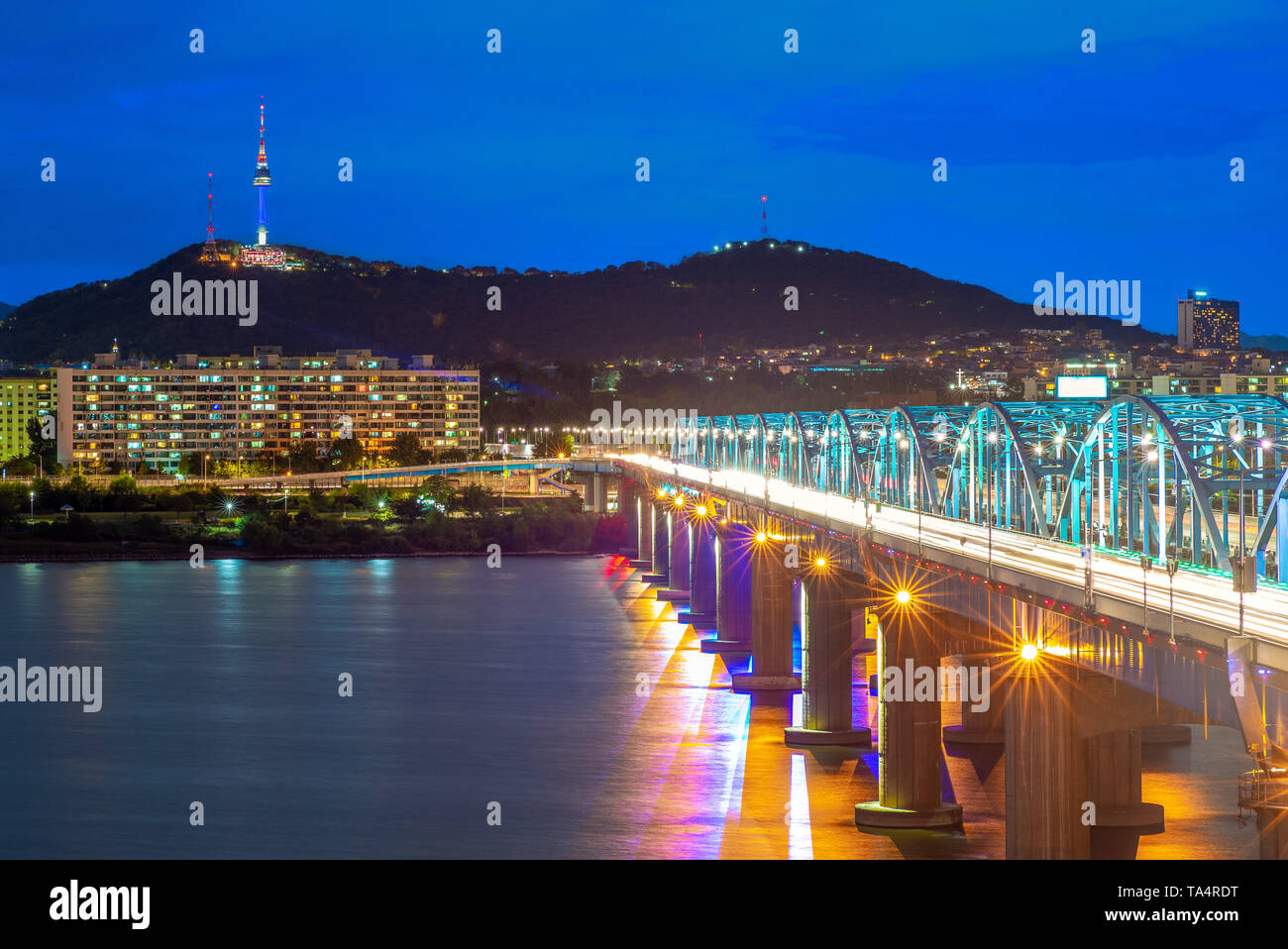 night view of seoul by han river in south korea Stock Photo