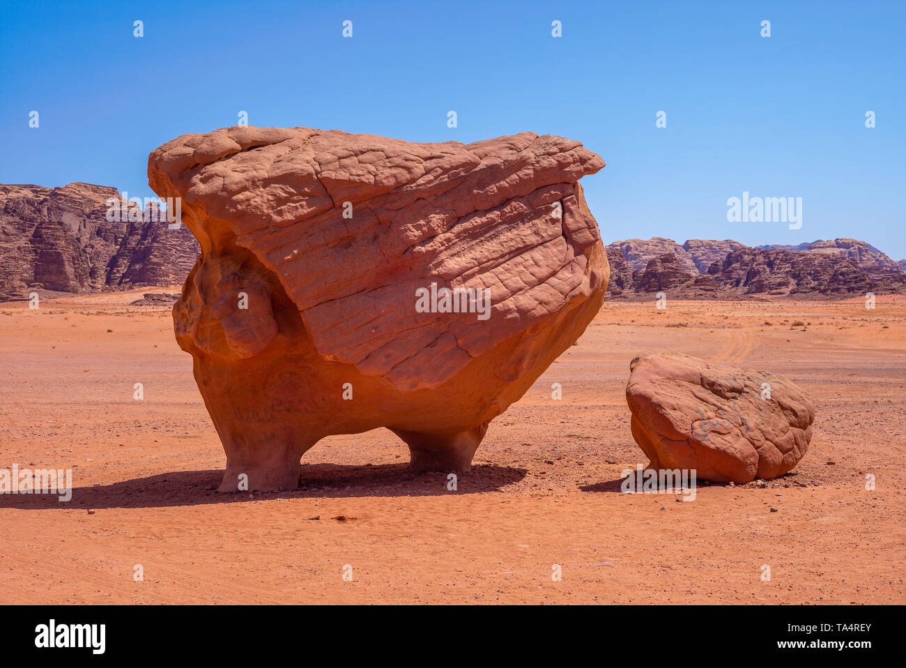 Hen and chick rock in Wadi Rum desert, Jordan Stock Photo