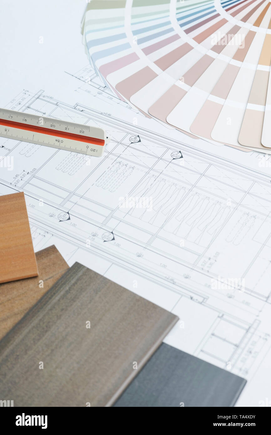 color and material samples on architectural drawings of the modern ...
