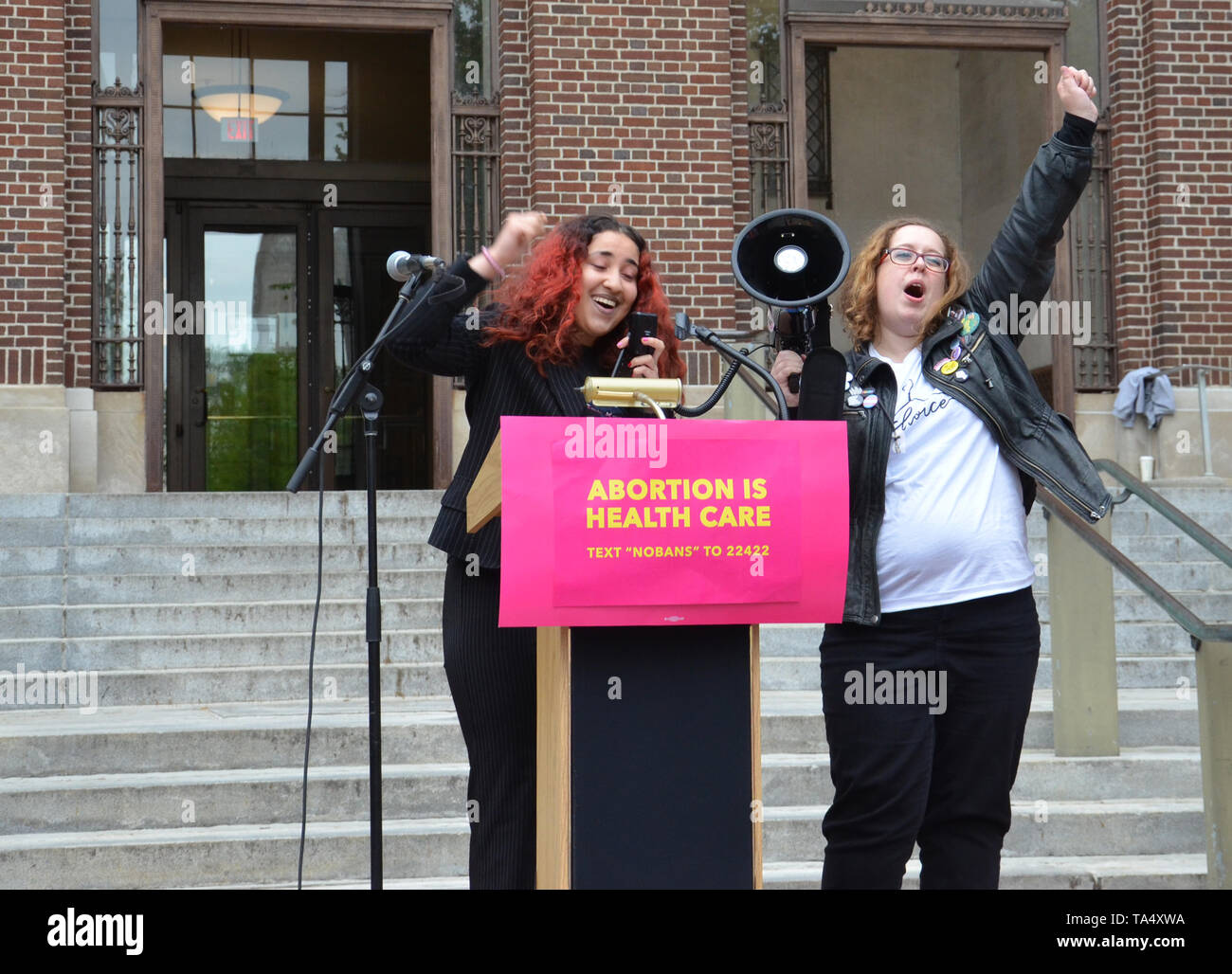 ANN ARBOR, MI/USA - MAY 21, 2019: Poet Anika Love addresses the Ann Arbor Stop the Bans protest organized by Planned Parenthood. Stock Photo