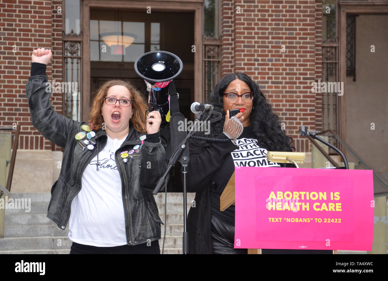 ANN ARBOR, MI/USA - MAY 21, 2019: Cassy Jones McBryde, founder of the International Fuller Woman Network, addresses the Ann Arbor Stop the Bans protes Stock Photo