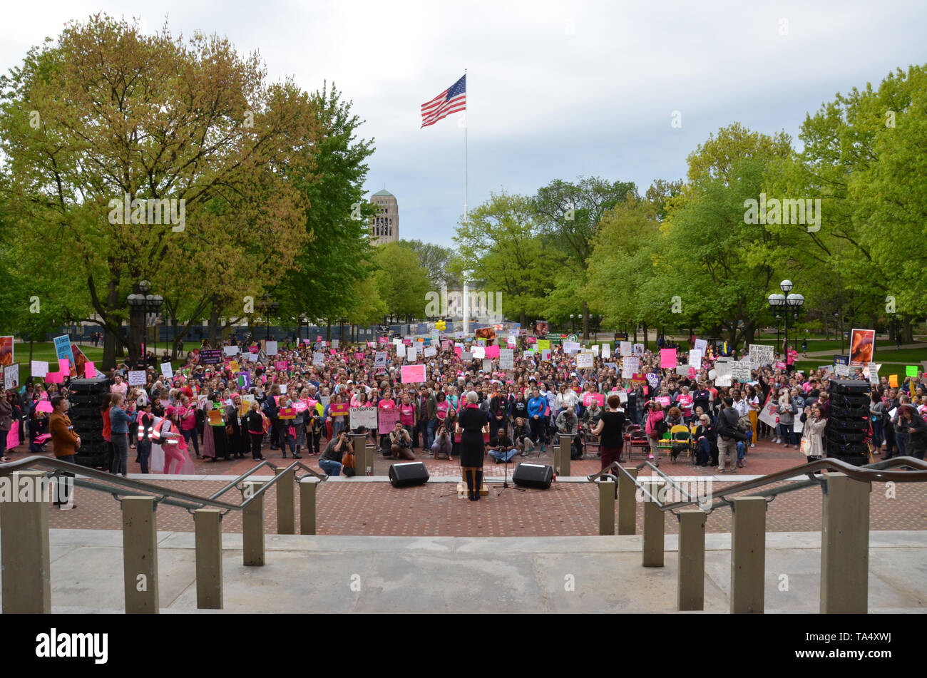 ANN ARBOR, MI/USA - MAY 21, 2019: Cecile Richards, co-founder of political action group Supermajority addresses the Ann Arbor Stop the Bans protest or Stock Photo