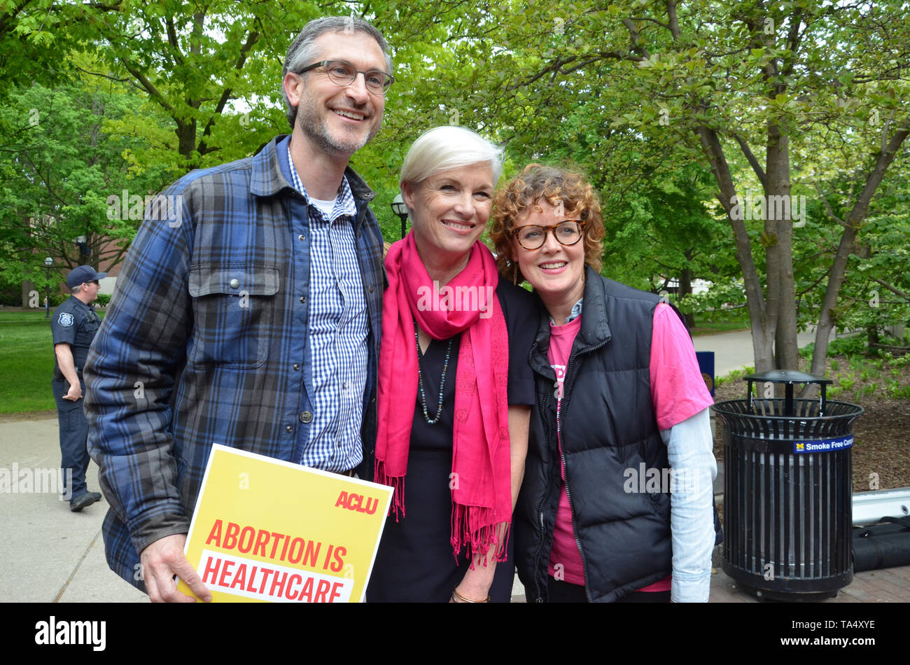 ANN ARBOR, MI/USA - MAY 21, 2019: Cecile Richards poses with Ann Arbor mayor Christopher Taylor and wife Eva Rosenwald before the Ann Arbor Stop the B Stock Photo