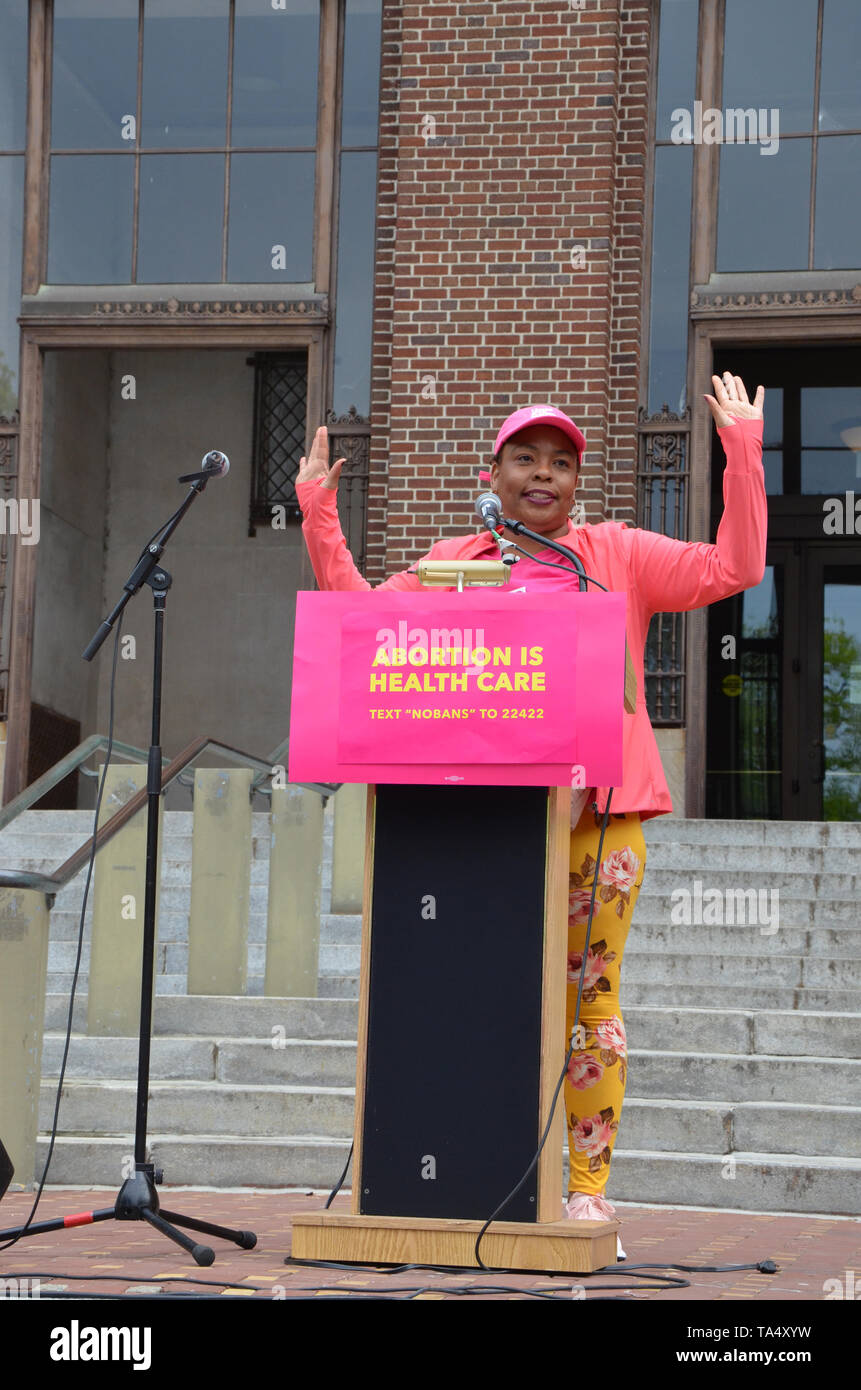 ANN ARBOR, MI/USA - MAY 21, 2019: Hood feminist Dree Cooper addresses the crowd at the Ann Arbor Stop the Bans protest organized by Planned Parenthood Stock Photo