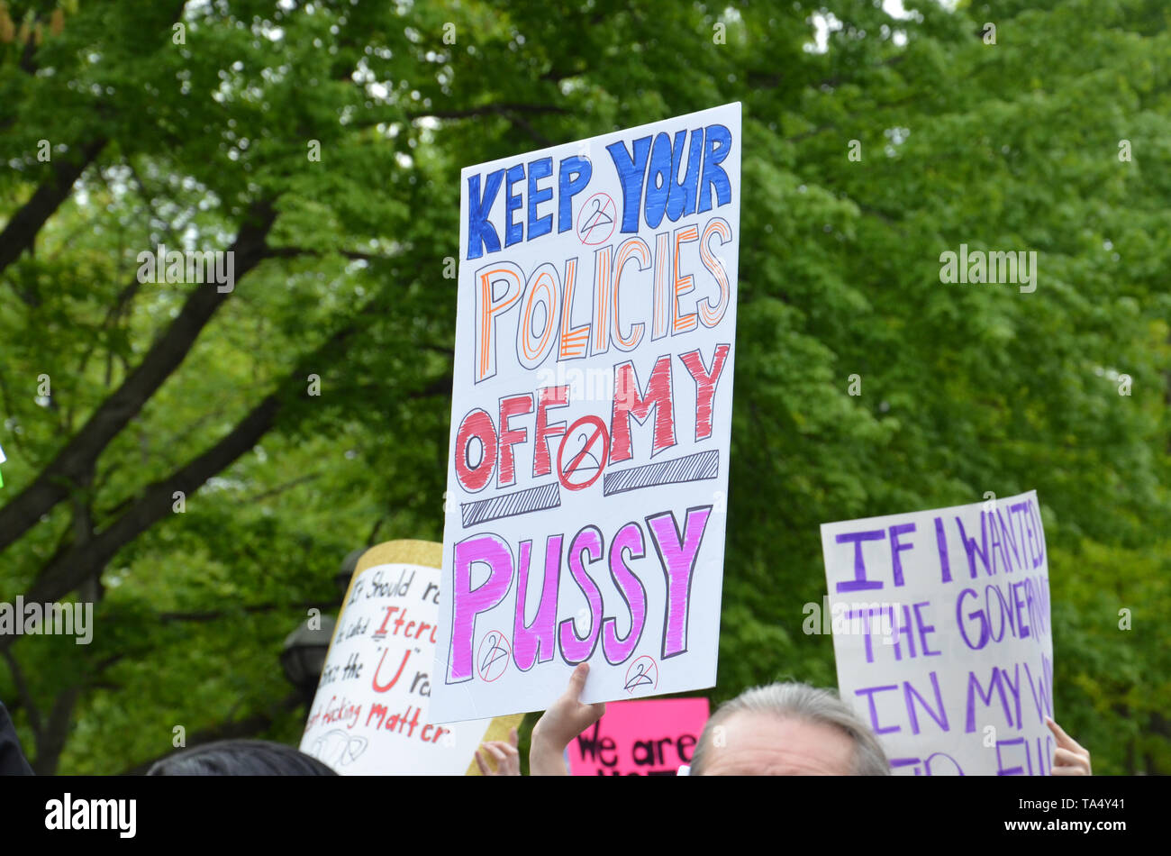 ANN ARBOR, MI/USA - MAY 21, 2019: A protest sign at the Ann Arbor Stop the Bans protest organized by Planned Parenthood. Stock Photo