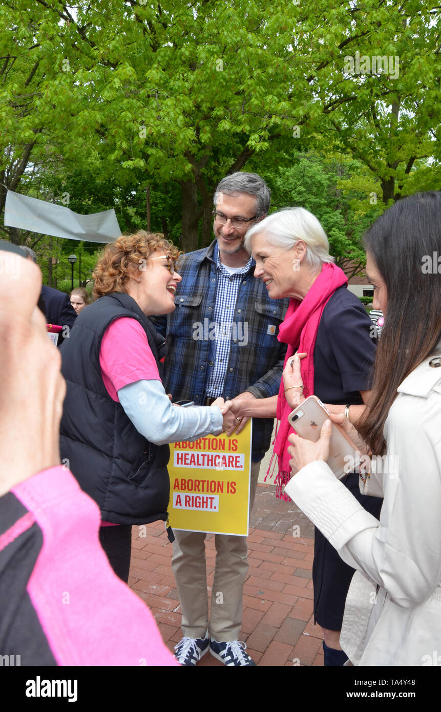 ANN ARBOR, MI/USA - MAY 21, 2019: Cecile Richards meets Ann Arbor mayor Christopher Taylorâ€™s wife Eva Rosenwald before the Stop the Bans protest org Stock Photo