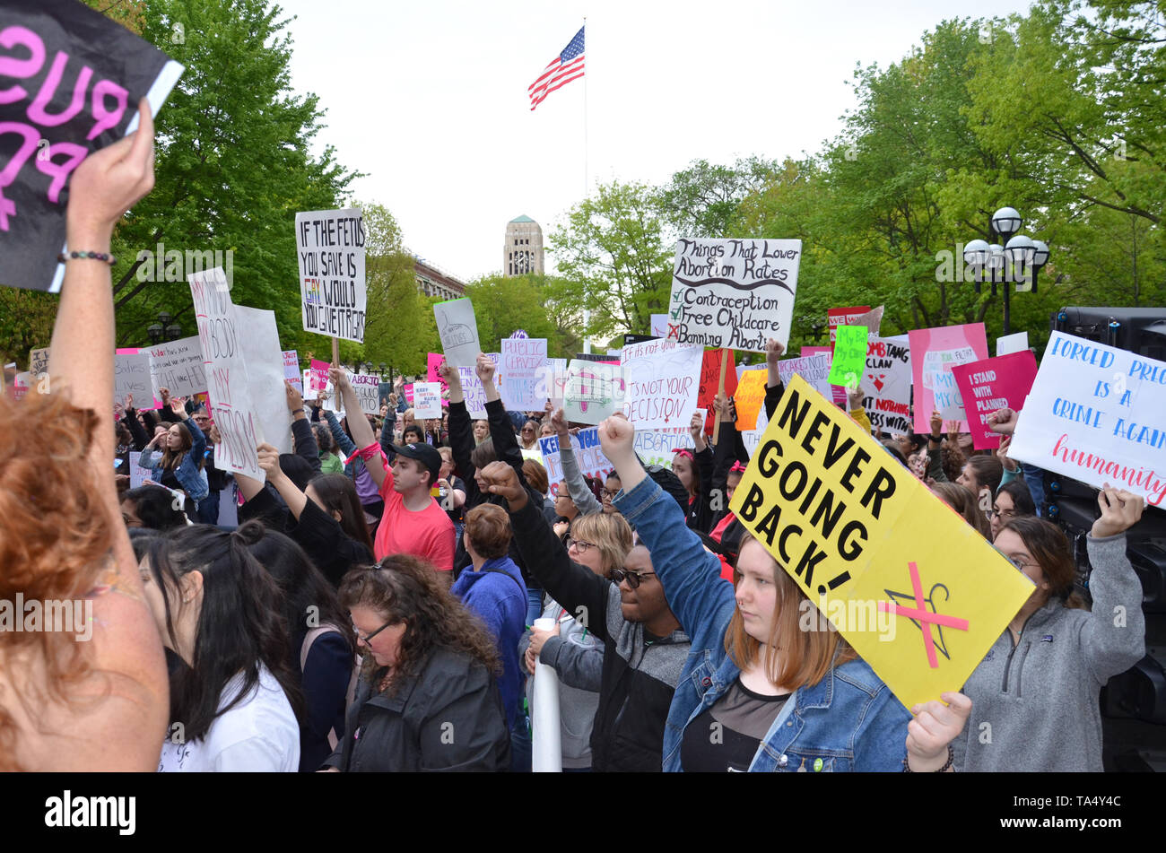 ANN ARBOR, MI/USA - MAY 21, 2019: Protesters display sign at the Ann Arbor Stop the Bans protest organized by Planned Parenthood. Stock Photo