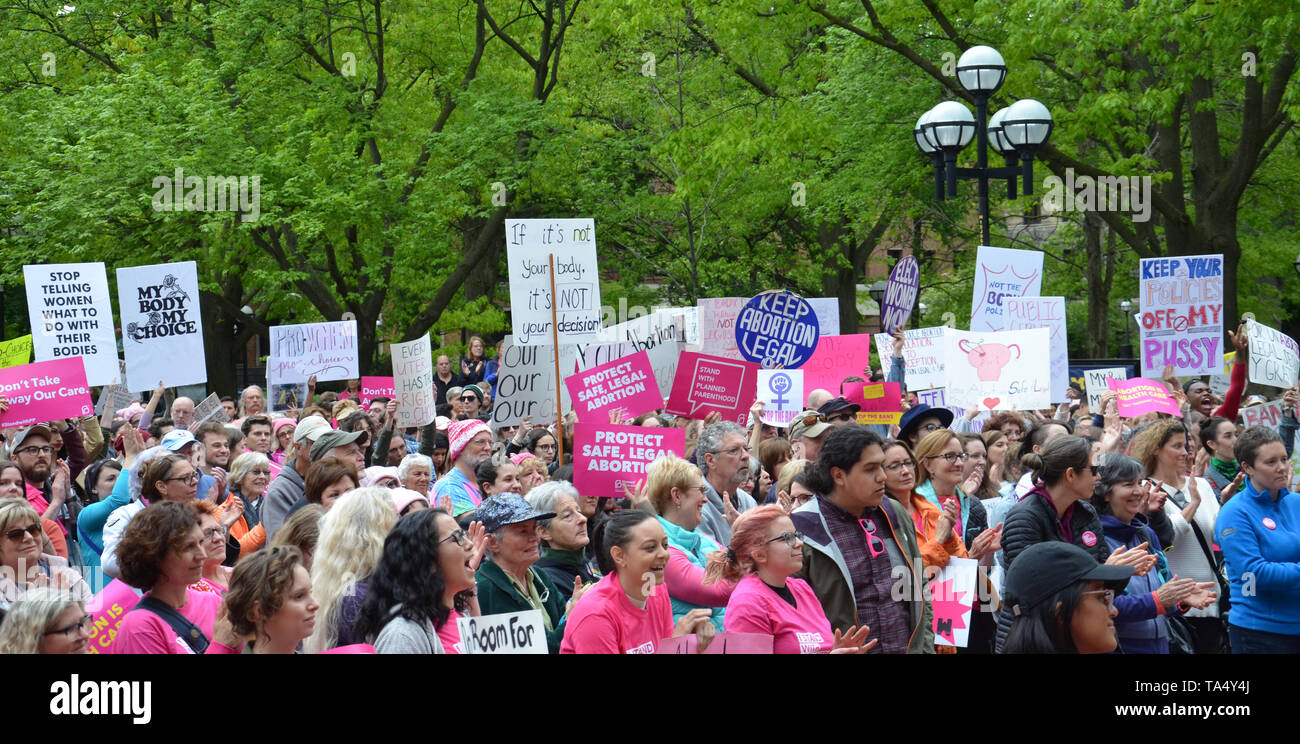 ANN ARBOR, MI/USA - MAY 21, 2019: Protesters display their signs at the Ann Arbor Stop the Bans protest organized by Planned Parenthood. Stock Photo