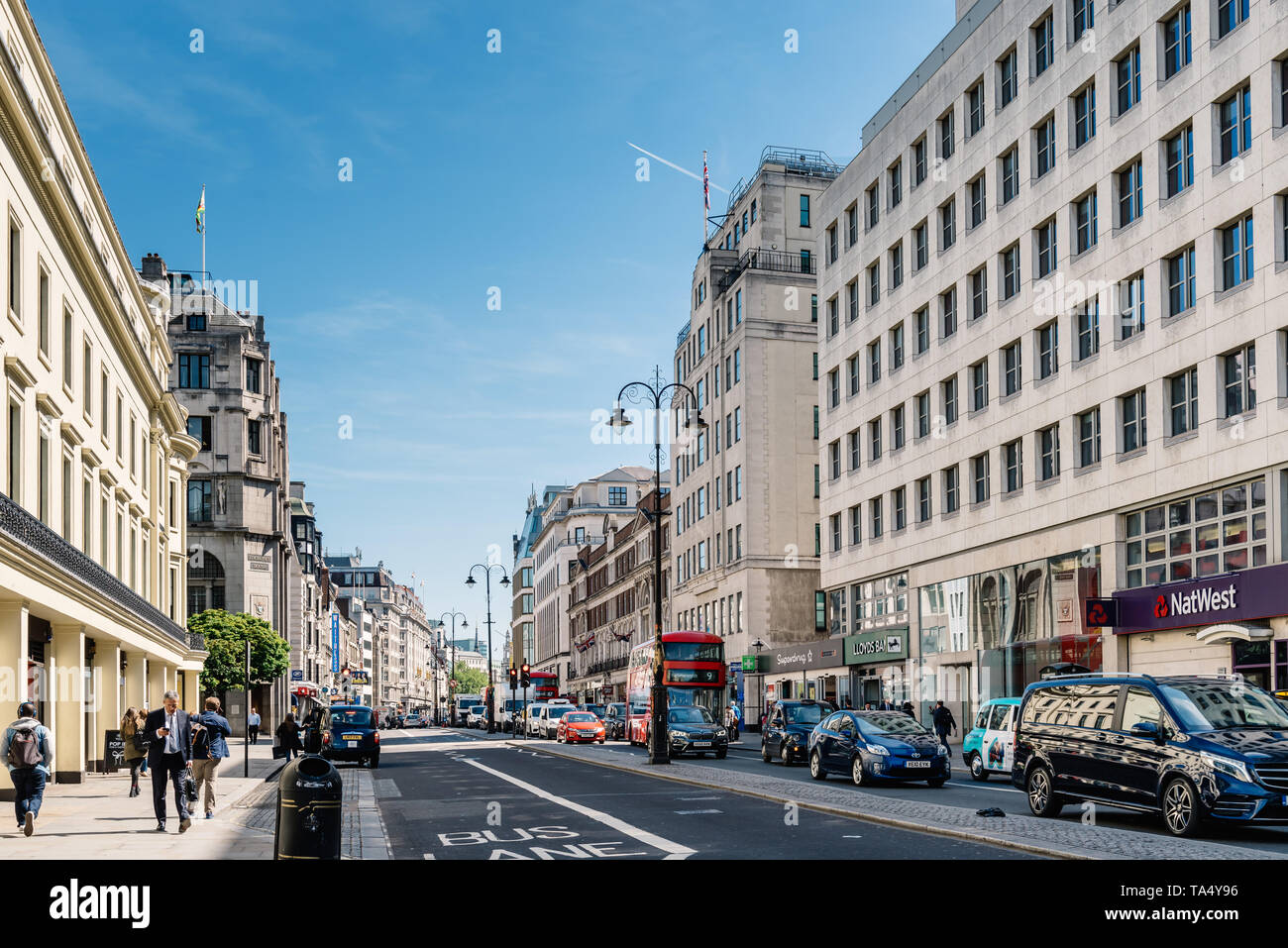 London, UK - May 14, 2019: Busy London street scene on The Strand, a major London road near Trafalgar Square Stock Photo
