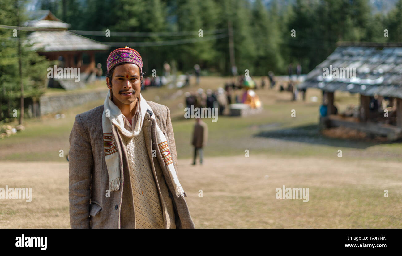 Kullu, Himachal Pradesh, India - February 13, 2018 : An unidentified himachali man in himalayas Stock Photo