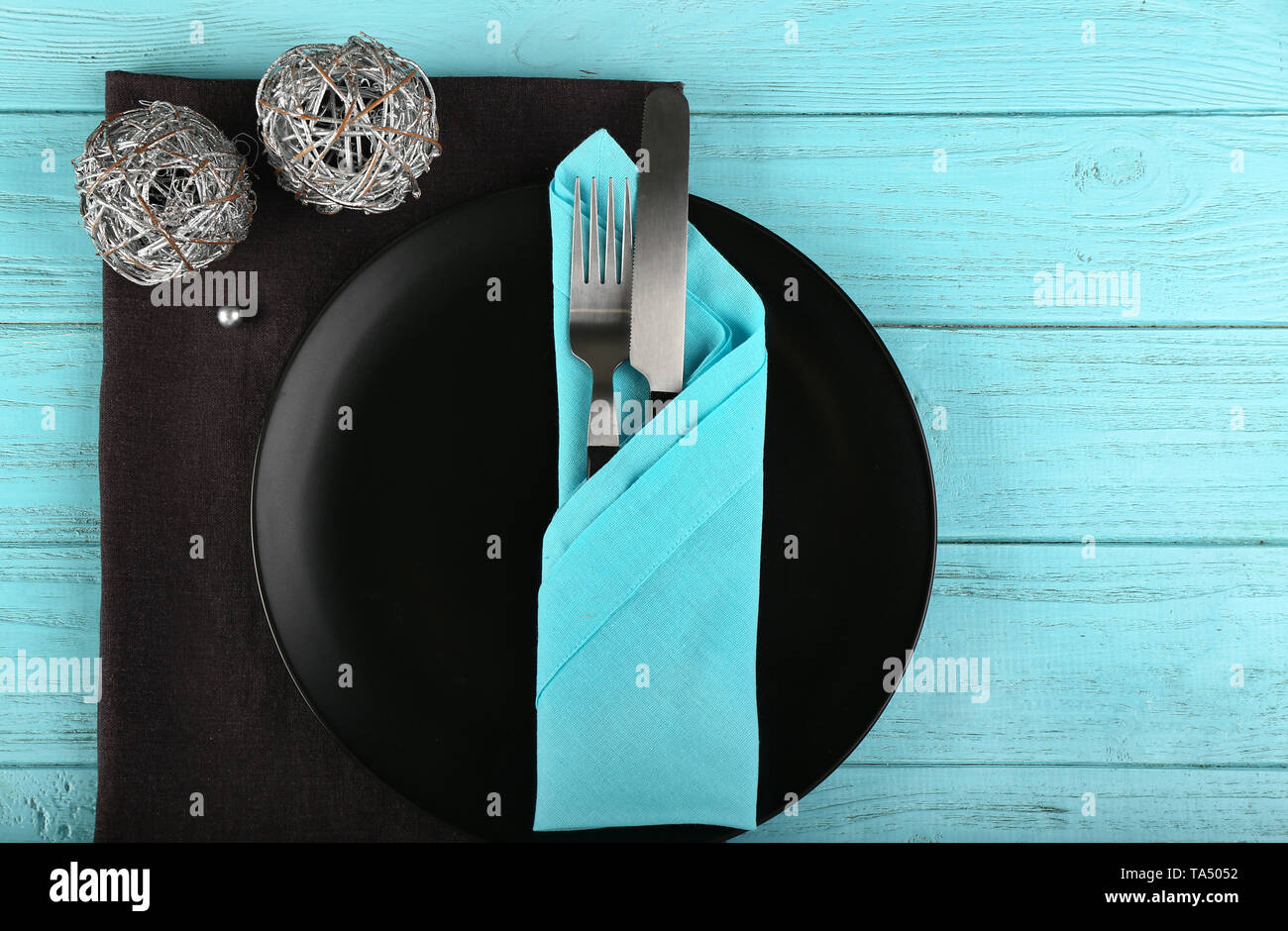 Simple table setting on wooden background Stock Photo - Alamy