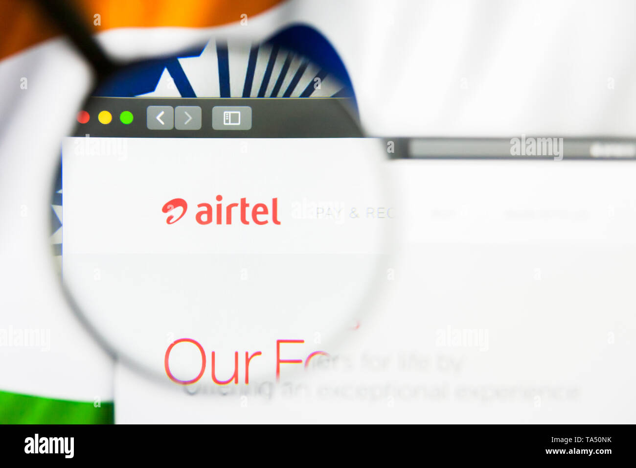 New York, New York State, USA - 21 May 2019: Illustrative Editorial of indian company Bharti Airtel website homepage. Bharti Airtel logo visible on sc Stock Photo