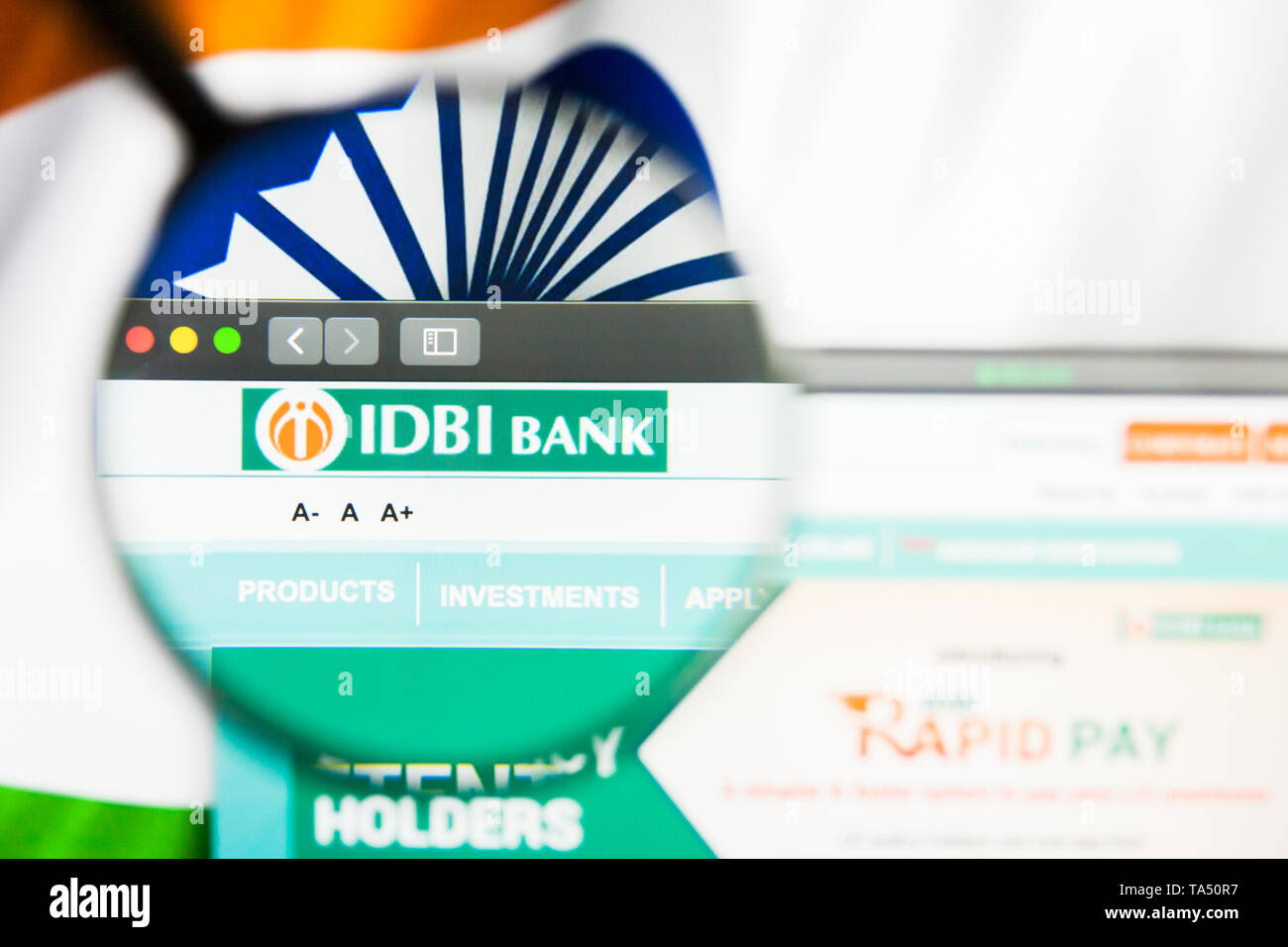 New York, New York State, USA - 21 May 2019: Illustrative Editorial of indian company IDBI Bank website homepage. IDBI Bank logo visible on screen. Stock Photo