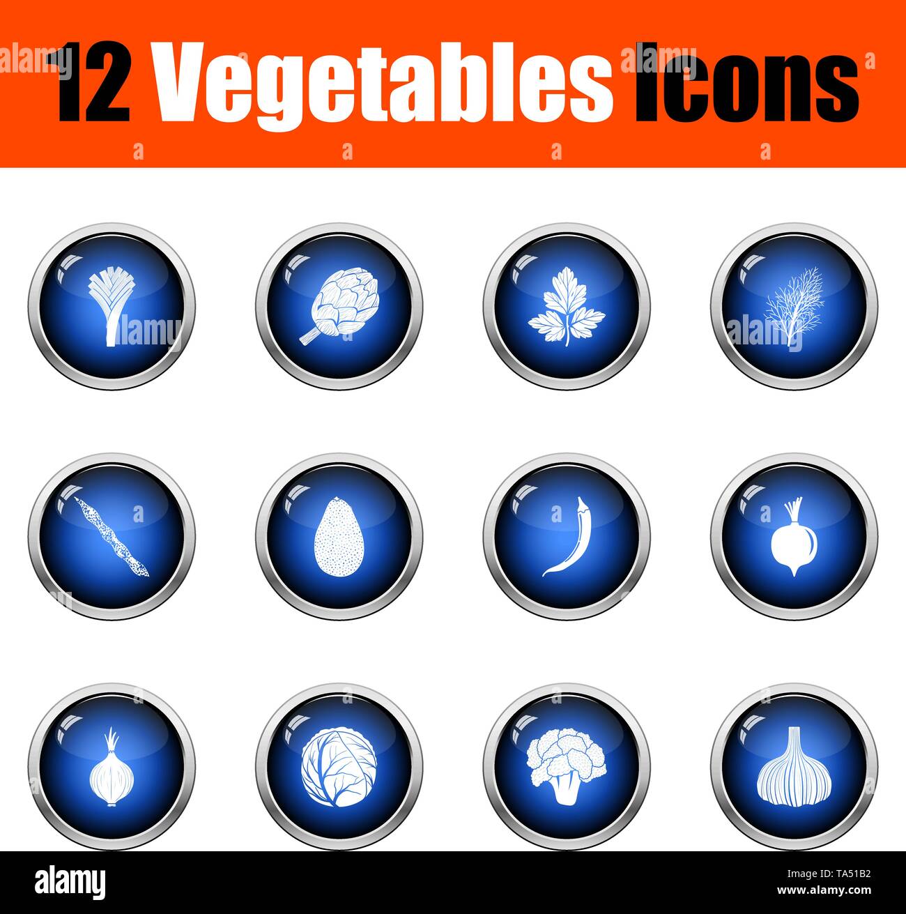 Vegetables Icon Set. Glossy Button Design. Vector Illustration. Stock Vector