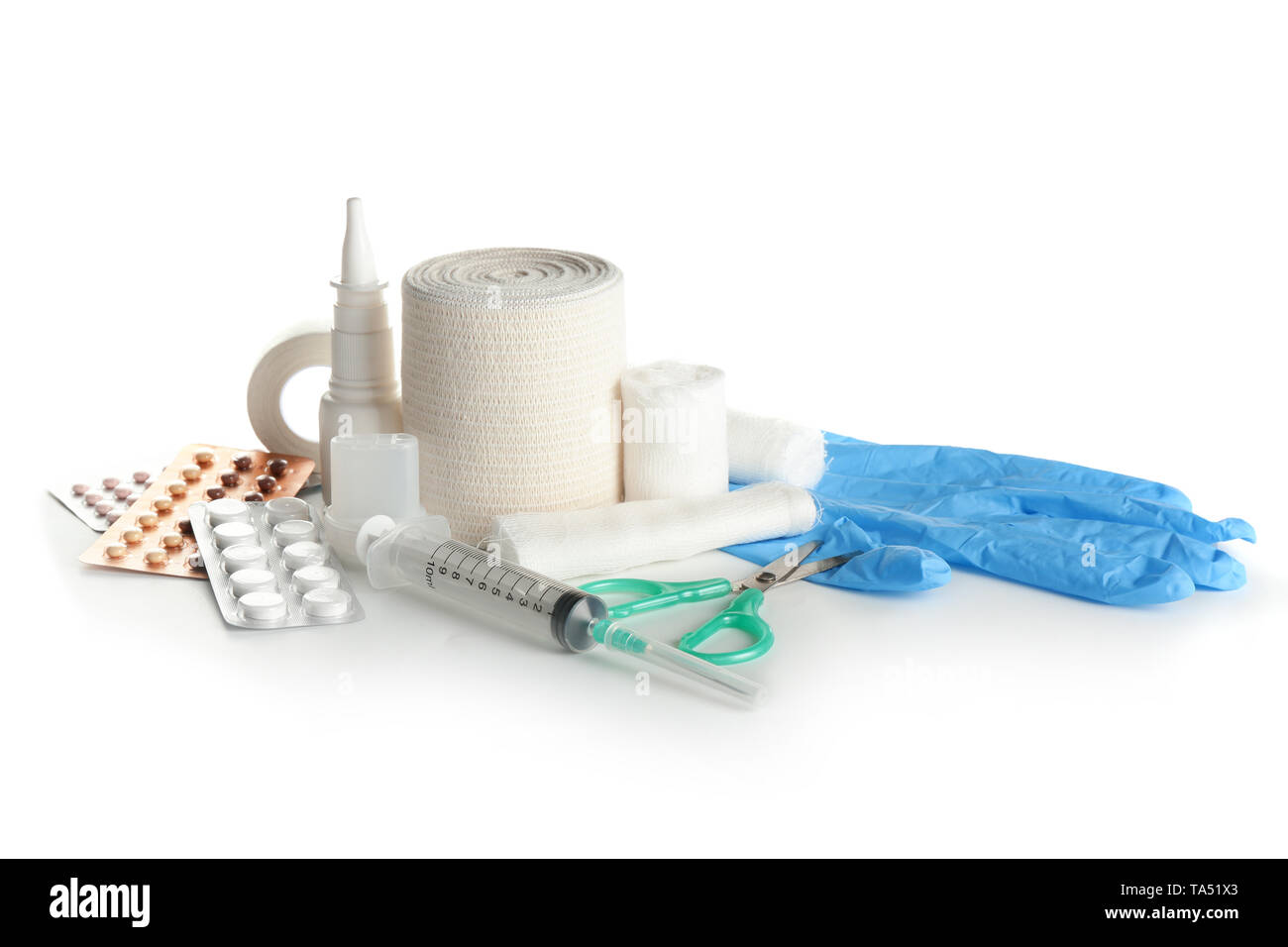 Items from first aid kit on white background Stock Photo - Alamy