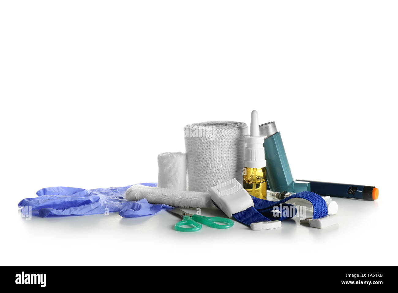 Items from first aid kit on white background Stock Photo - Alamy