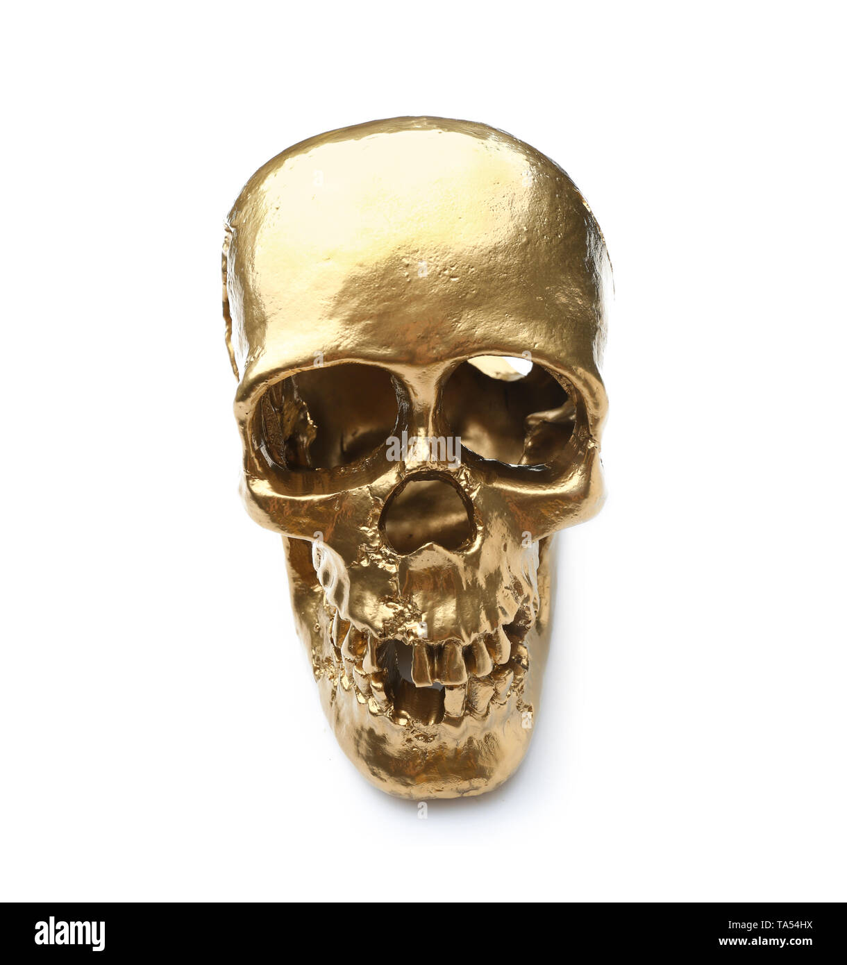 Golden human skull on white background Stock Photo