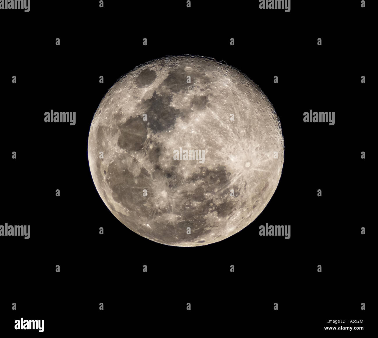 high resolution full moon photo from telescope isolated on black background Stock Photo