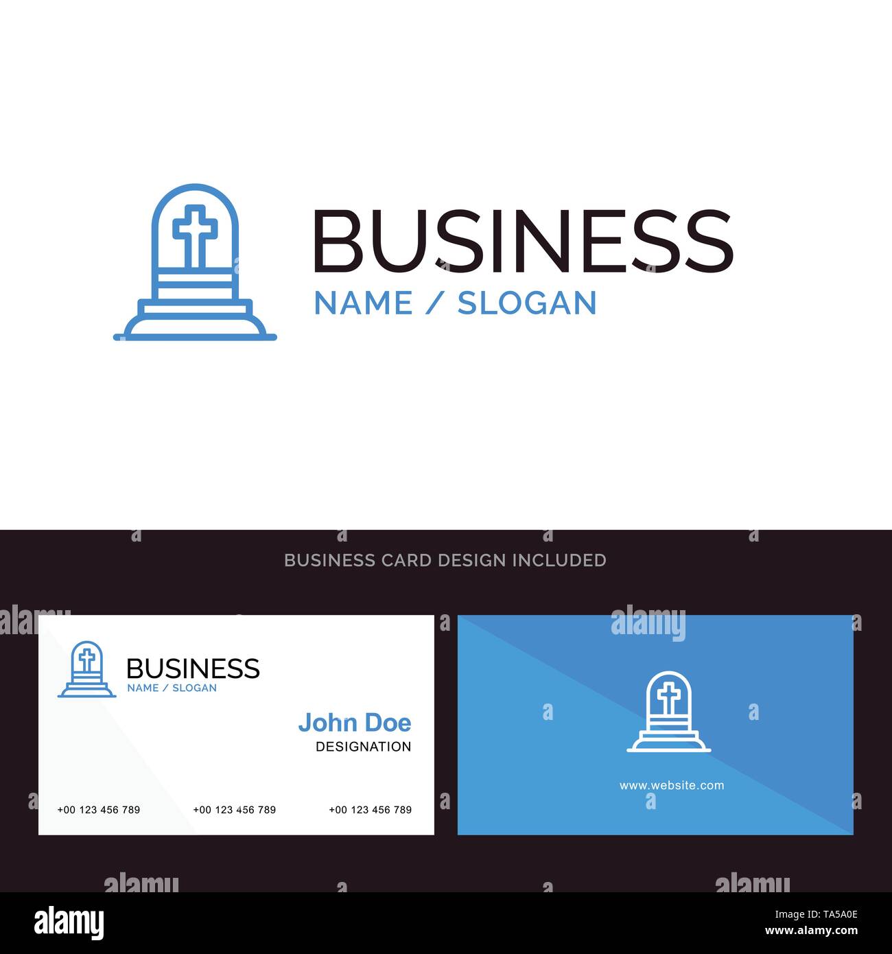 Death, Grave, Gravestone, Rip Blue Business logo and Business Card Template. Front and Back Design Stock Vector