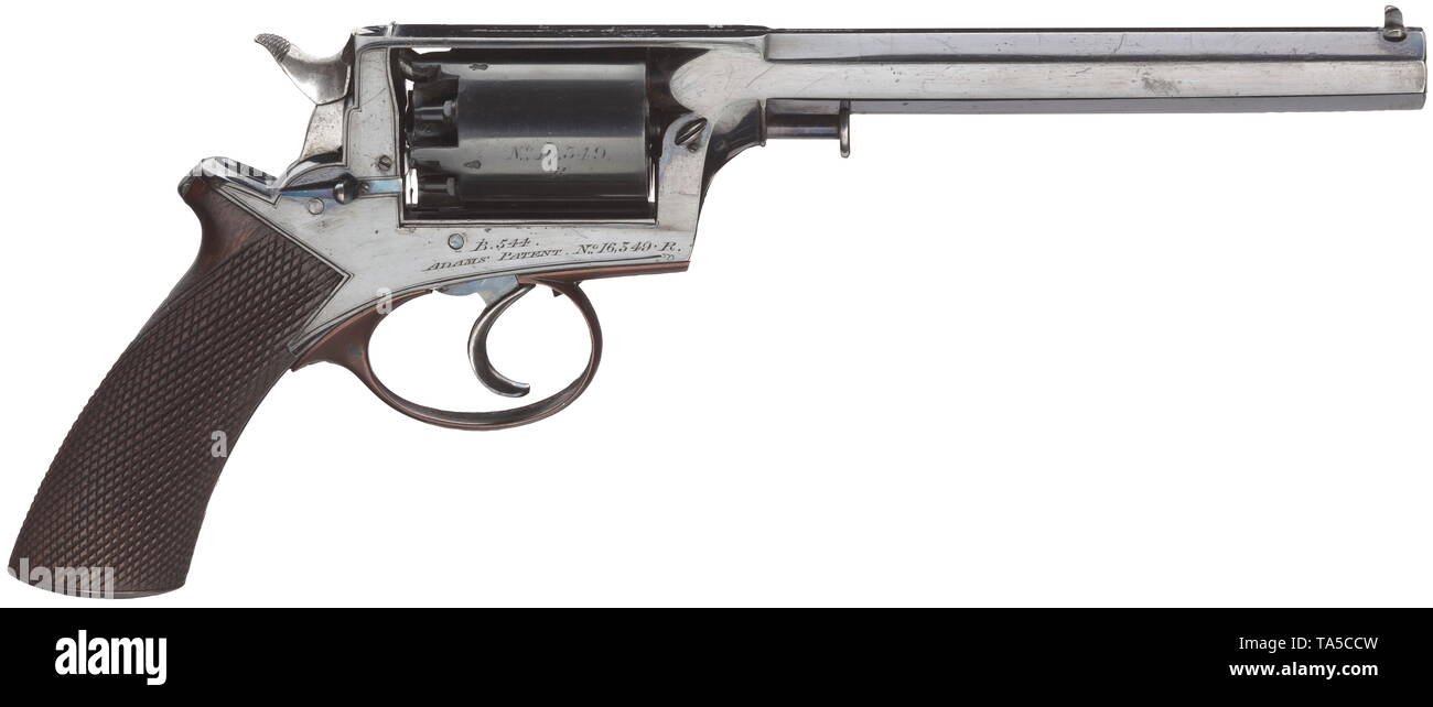 A Reilly percussion revolver, Beaumont Adams system, circa 1860 12.2 mm calibre, no. 16.349.R. Octagonal 7 1/4' barrel, bright bore, acceptance marks on top left. On topstrap marked 'Reilly, 315 & 502 Oxford Stt. London.' Five-shot cylinder, also with acceptance marks. On right side of topstrap number and patent data as well as colour case hardened sliding safety, press on the left. Barrel and frame with deep black, original finish. Hammer lightly damaged on the right. Cylinder re-blued. Trigger frame and grip cap with modern, reddish finish. One, Additional-Rights-Clearance-Info-Not-Available Stock Photo