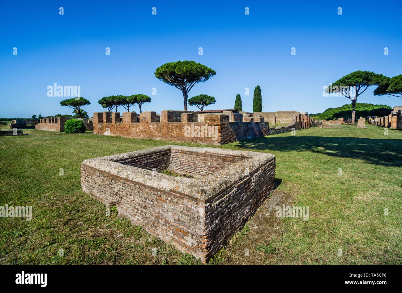 excavated foundations of the Case a Giardino, the garden houses at the archeological site of the Roman settlement of Ostia Antica, the ancient harbour Stock Photo