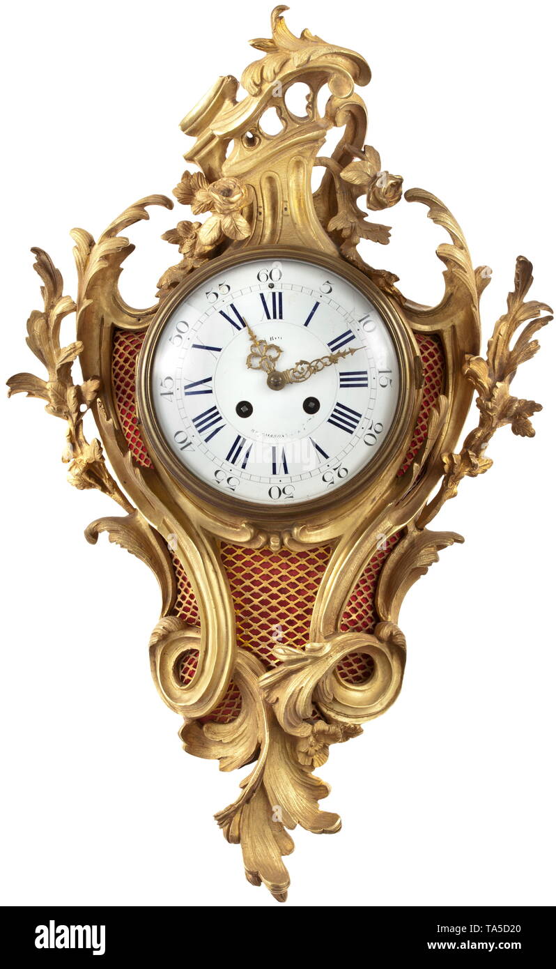 A French cartel clock, 19th century Bronze housing of moulded rocailles, partly backed in red silk. The clock movement strikes the half hour on the bell, signed on the interior 'AUBOIN A PARIS'. Enamelled clock face with (rubbed) illegible signature. Not tested for functionality, the key is missing. Height 52 cm. historic, historical, handicrafts, handcraft, craft, object, objects, stills, clipping, clippings, cut out, cut-out, cut-outs, 19th century, Additional-Rights-Clearance-Info-Not-Available Stock Photo