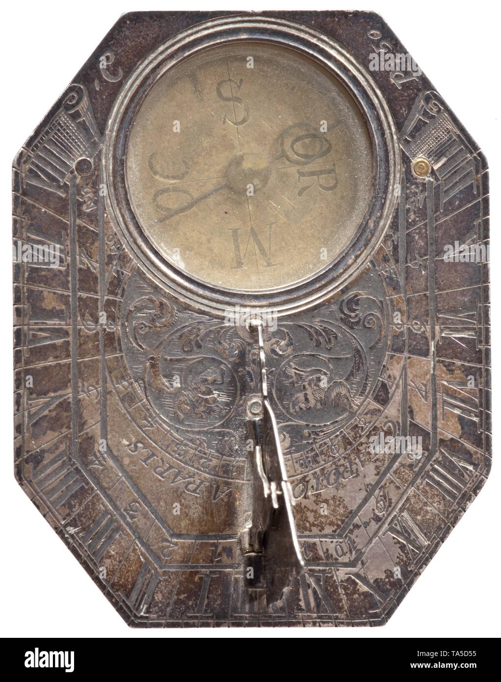A silver sundial, Paris, 18th century Octagonal plate with finely engraved scale and signature 'Chapotot à  Paris'. Adjustable collapsible hand with base in the shape of a bird, the compass with intact glass lid. On the back a list of European cities with the corresponding settings. Dimensions 57 x 47 cm. historic, historical, handicrafts, handcraft, craft, object, objects, stills, clipping, clippings, cut out, cut-out, cut-outs, 18th century, Additional-Rights-Clearance-Info-Not-Available Stock Photo